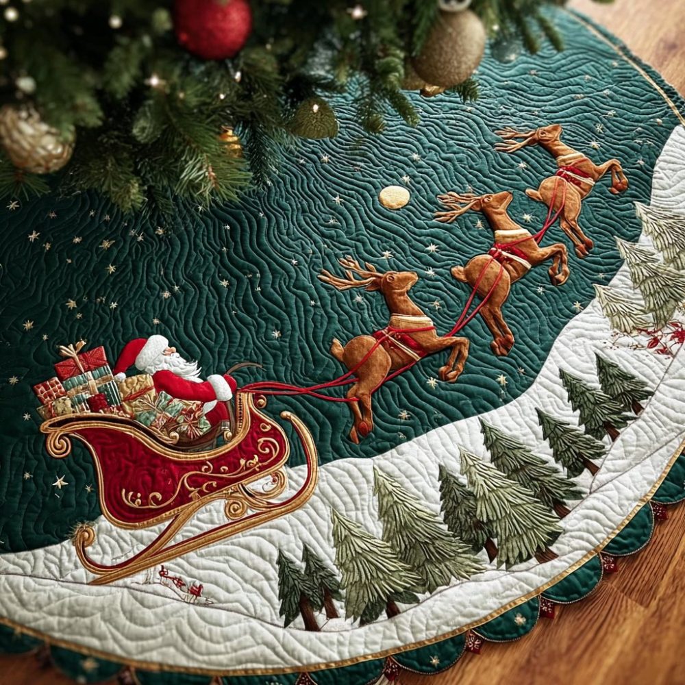 Reindeer Pulling Santa Sleigh Tree Skirt — Custom Holiday Scene Christmas Tree Skirt, Handmade Festive Home Decor & Gift