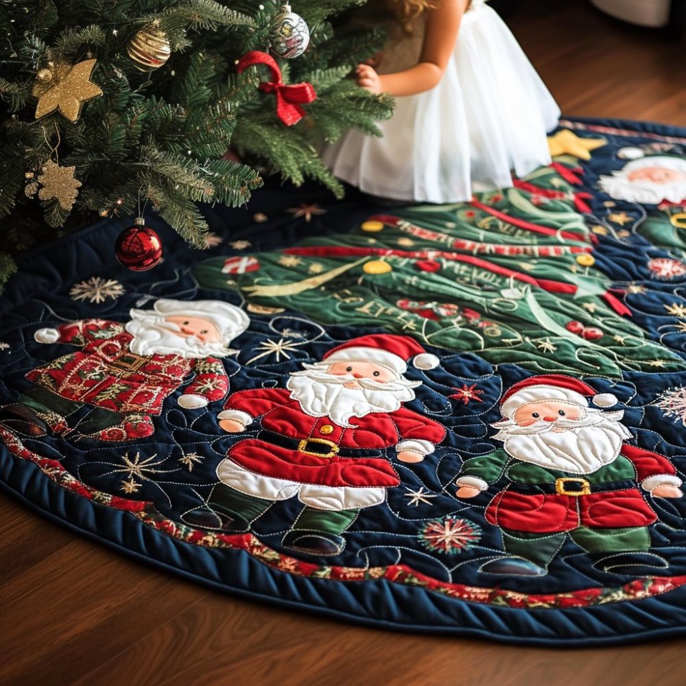 Navy Star Santa Faces Tree Skirt — Custom Star Ring Christmas Tree Skirt With Santa Faces, Handmade Personalized Holiday Decor