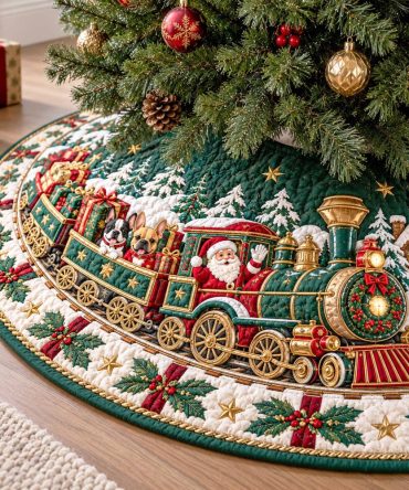 Santa Express Premium Christmas Tree Skirt — Festive Train & Santa Motif Holiday Base Cover, High-Quality Finish, Custom Size