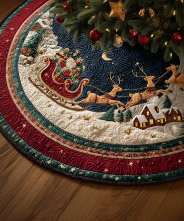 Handmade Santa Holding Gift Tree Skirt — Custom Santa Holding Present Christmas Tree Skirt, Personalized Holiday Home Accent