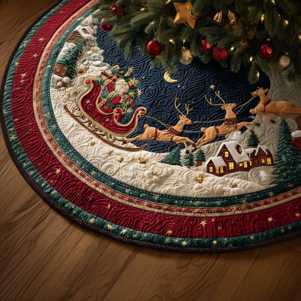 Handmade Santa Holding Gift Tree Skirt — Custom Santa Holding Present Christmas Tree Skirt, Personalized Holiday Home Accent