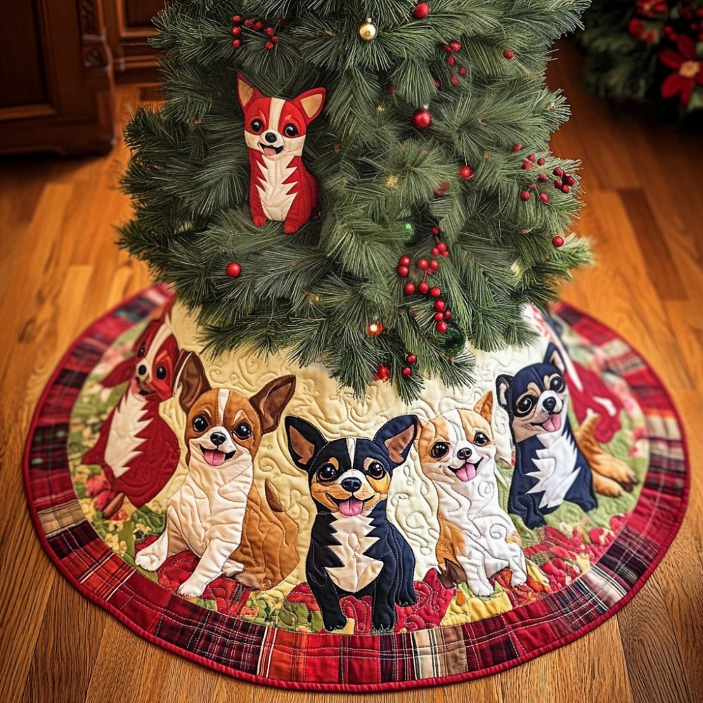Personalized Santa Chihuahua Christmas Tree Skirt — Handmade Small Dog Holiday Tree Skirt, Custom Pet Gift, Fast Shipping