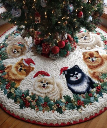 Custom Santa Pomeranian Tree Skirt — Personalized Little Poms Holiday Tree Skirt, Handmade Pet Christmas Decor & Gift