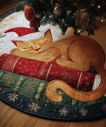 Handmade Santa Nap Christmas Tree Skirt — Custom Holiday Tree Skirt With Sleeping Santa Design, Personalized Seasonal Gift