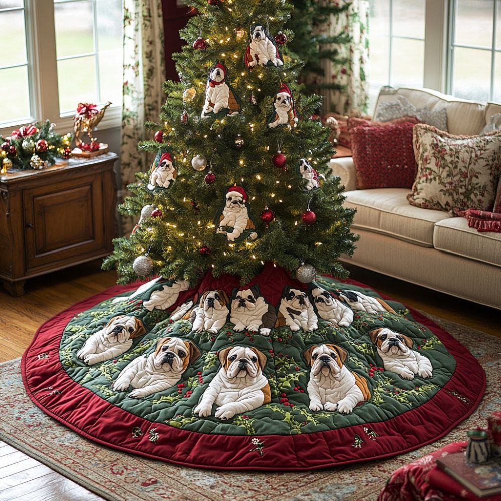 Santa Paws Bulldog Tree Skirt — Custom Plush Christmas Tree Skirt With Bulldog & Santa Motif, Perfect For Bulldog Owners