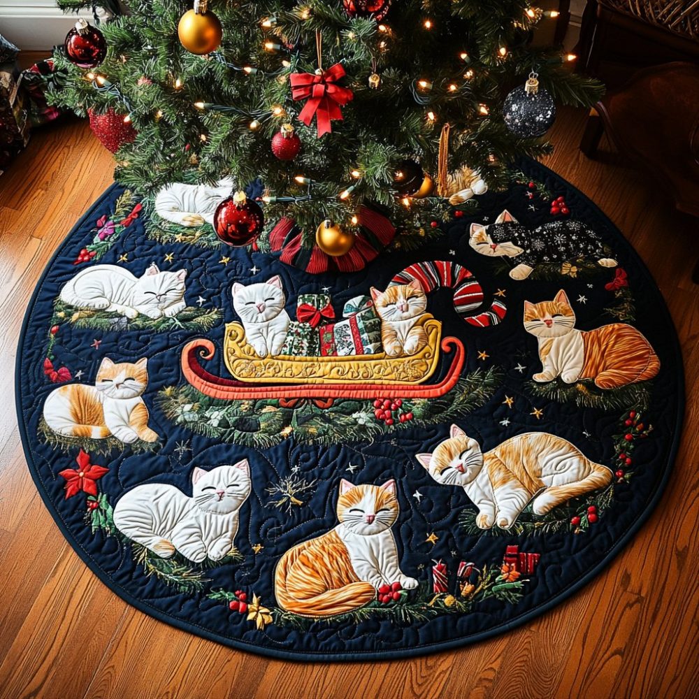 Santa Paws Cat Tree Skirt — Custom Plush Christmas Tree Skirt With Cat & Santa Design, Ideal For Cat Lovers, Handmade