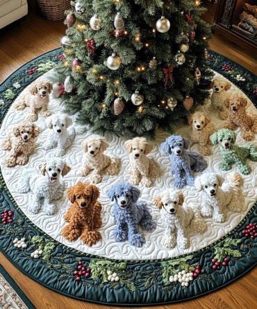 Santa Poodle Helper Designer Tree Skirt — Custom Plush Christmas Tree Skirt With Poodle & Santa Art, Ideal For Dog Owners