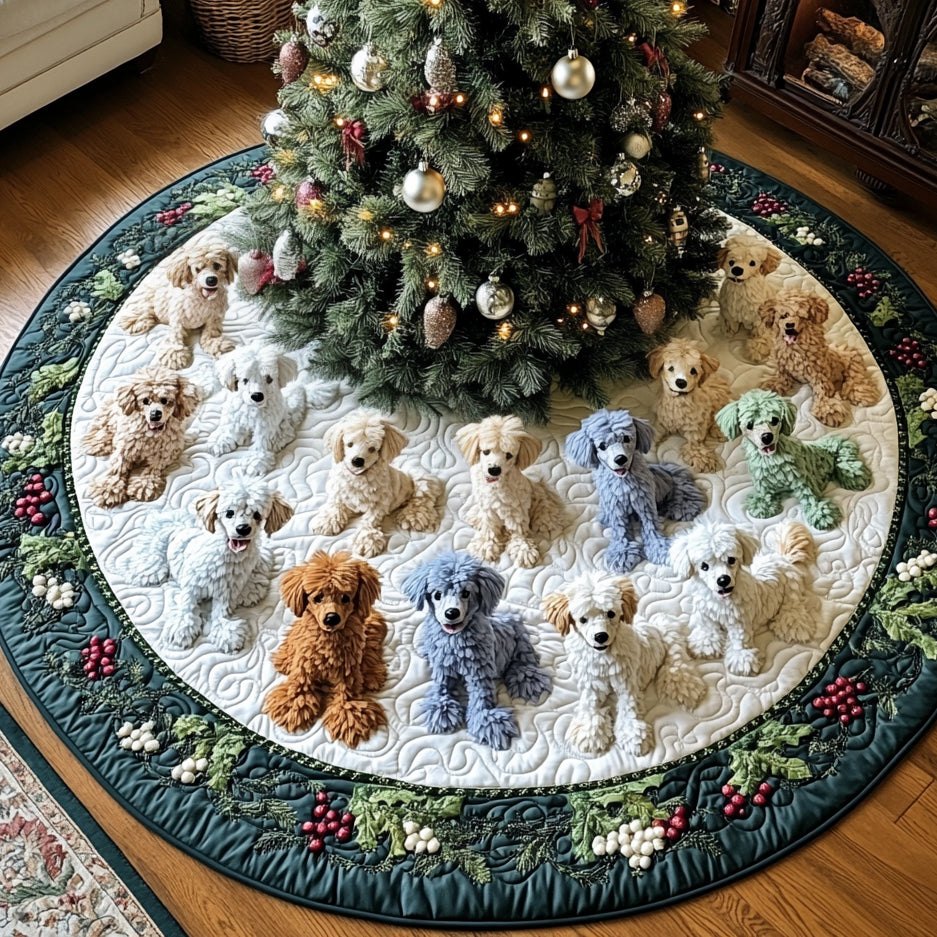 Santa Poodle Helper Designer Tree Skirt — Custom Plush Christmas Tree Skirt With Poodle & Santa Art, Ideal For Dog Owners