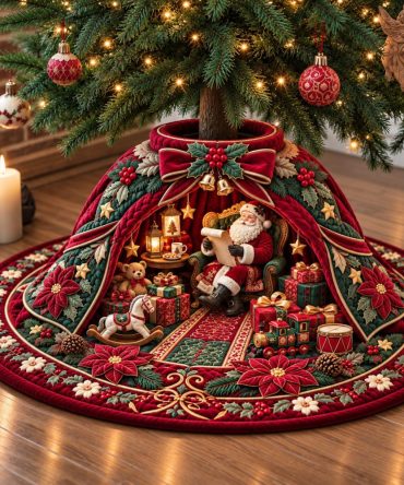 Royal Santa Red Tree Skirt - Luxurious Custom Christmas Tree Skirt In Santa Red With Regal Accents, Handmade Holiday Classic
