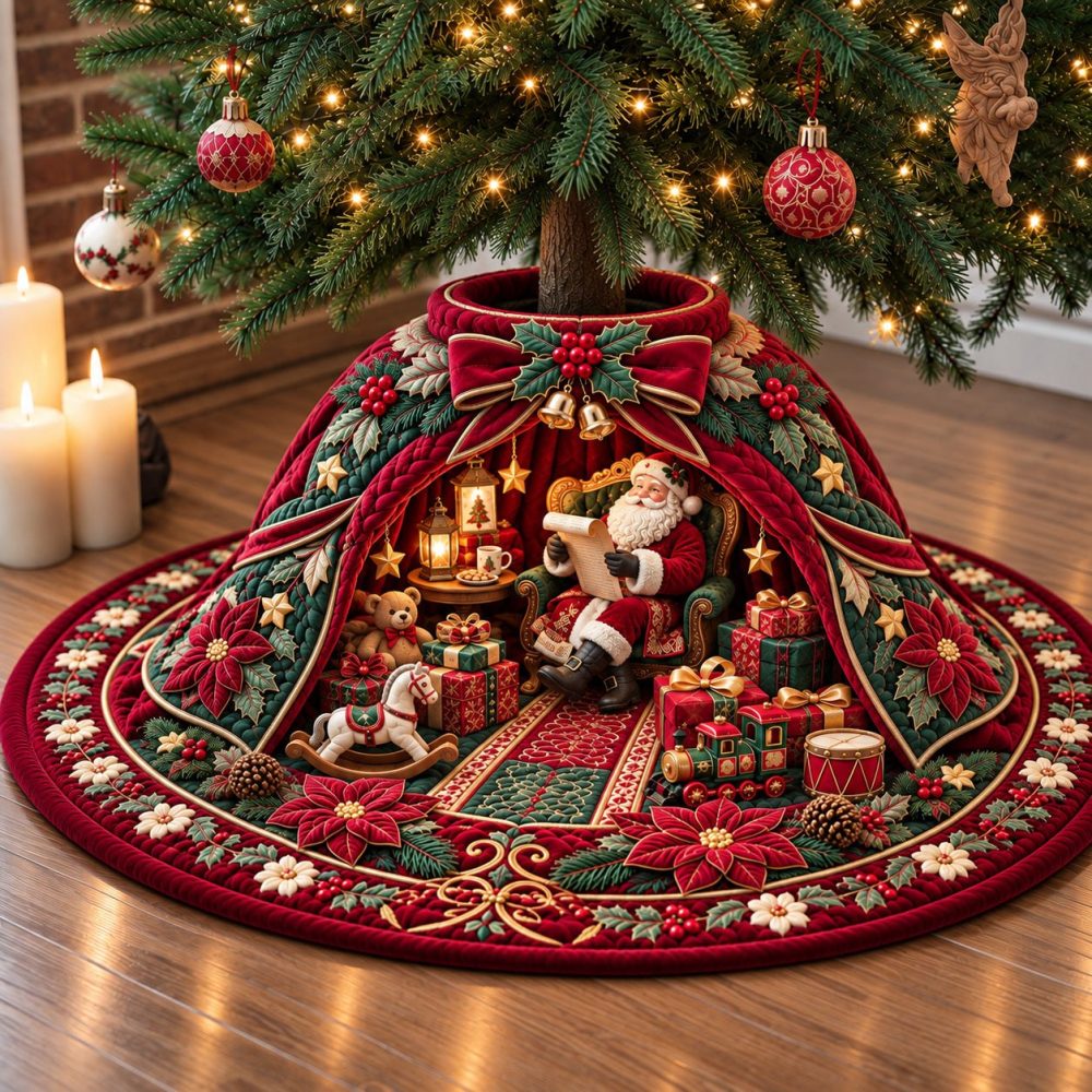 Royal Santa Red Tree Skirt - Luxurious Custom Christmas Tree Skirt In Santa Red With Regal Accents, Handmade Holiday Classic