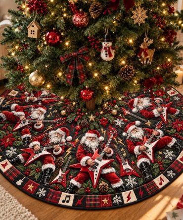 Made-To-Order Santa Rock Christmas Tree Skirt - Bold Santa Rock Band Holiday Scene, Custom Music-Themed Festive Tree Base Decor