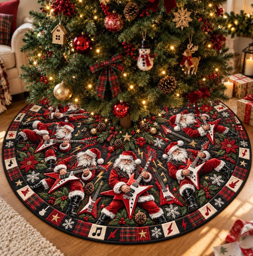 Made-To-Order Santa Rock Christmas Tree Skirt - Bold Santa Rock Band Holiday Scene, Custom Music-Themed Festive Tree Base Decor