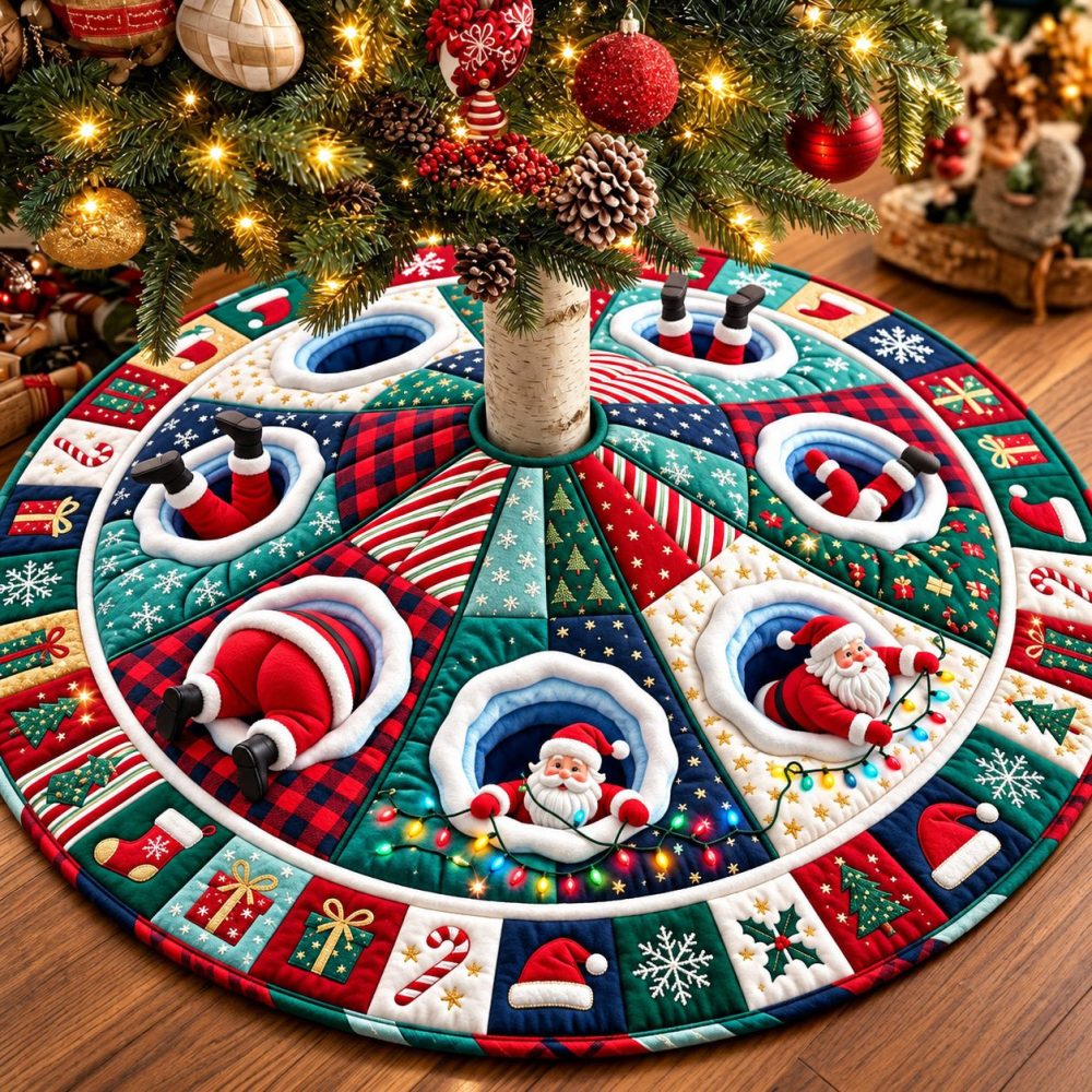 Santa Snow Circle Holiday Tree Skirt - Classic Red & White Christmas Skirt, Handcrafted Felt, Custom Sizes & Fast Delivery