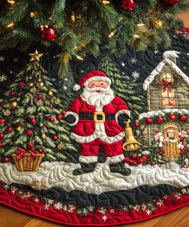 Santa Town Holiday Tree Skirt — Custom Handmade Christmas Tree Skirt With Festive Santa Town Scene, Limited Edition