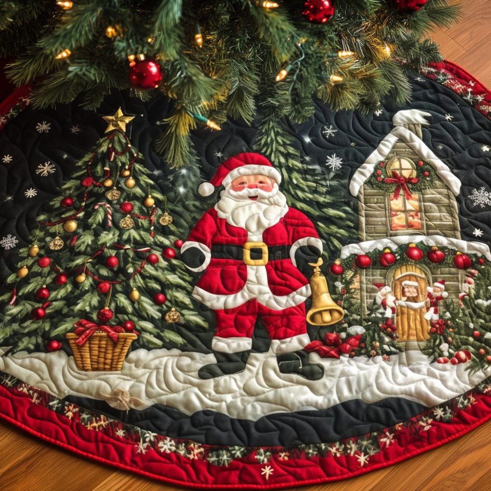 Santa Town Holiday Tree Skirt — Custom Handmade Christmas Tree Skirt With Festive Santa Town Scene, Limited Edition