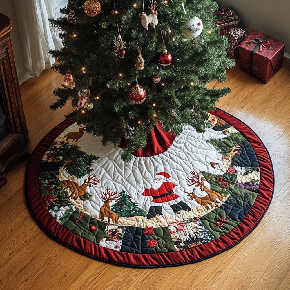 Handmade Santa Travel Holiday Tree Skirt — Custom, Plush Christmas Tree Skirt With Vintage Santa Motif, Order Now