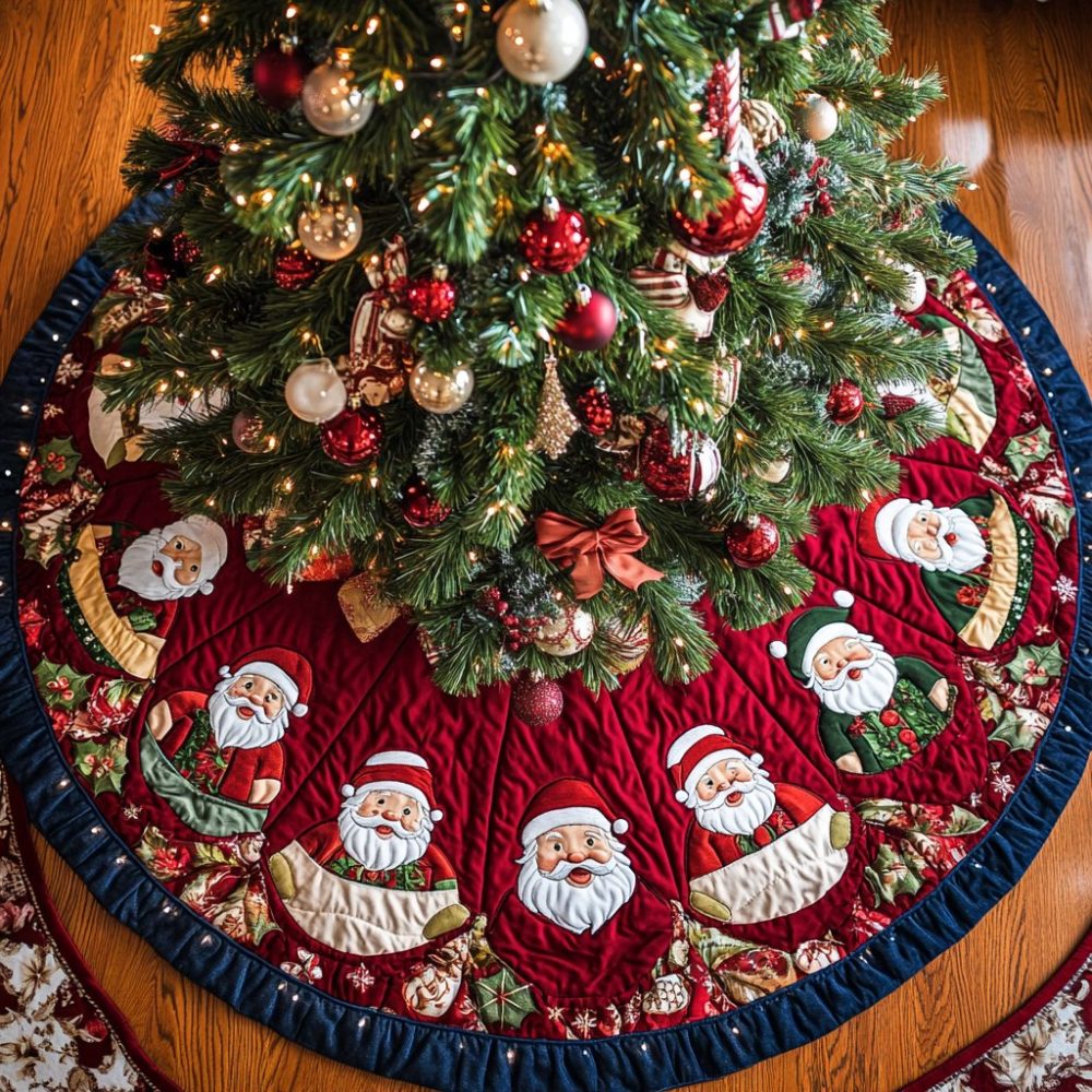 Santa Portraits On Crimson Tree Skirt – Handcrafted Santa Face Christmas Skirt, Luxe Red Holiday Tree Skirt, Made-To-Order