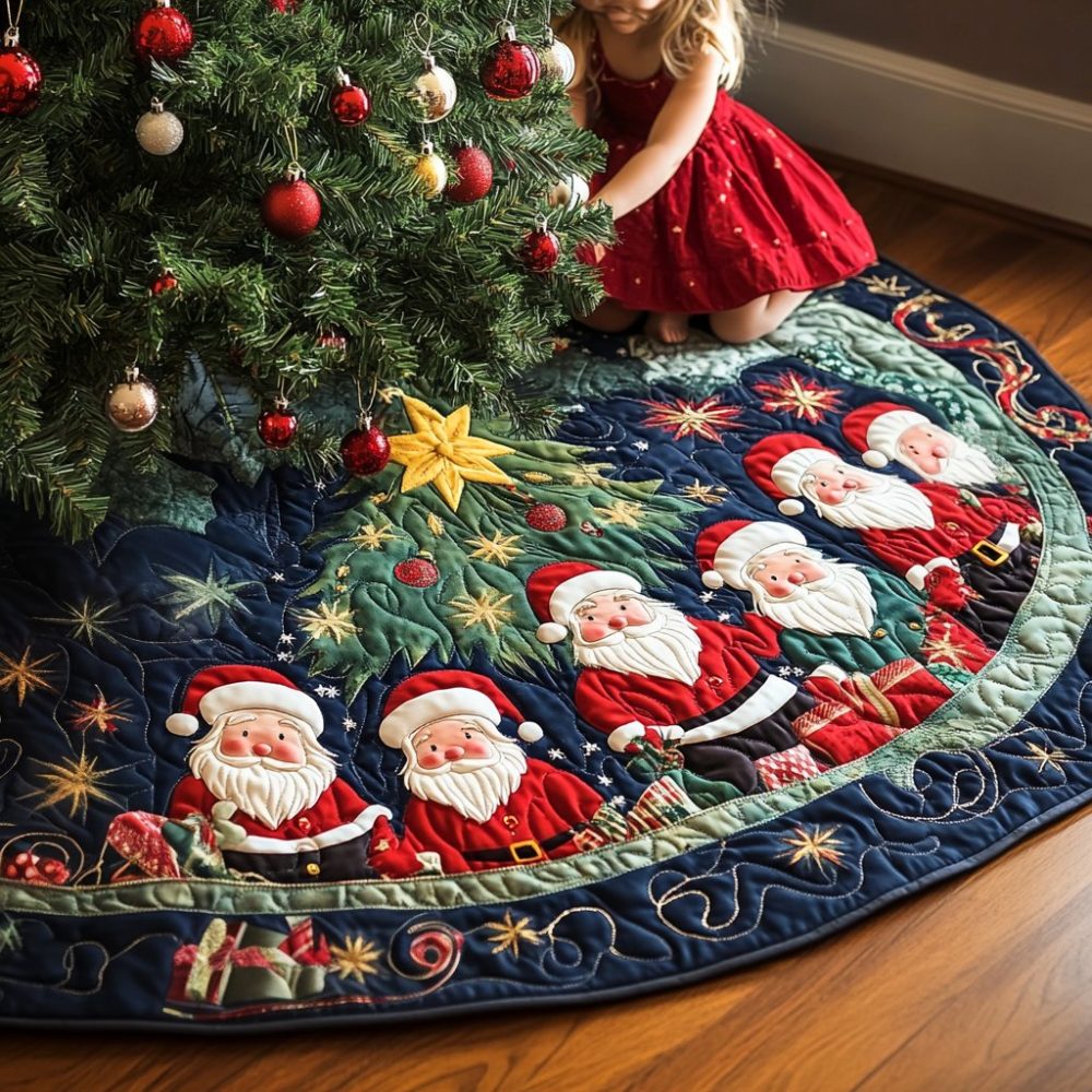 Santa Circle Around Golden Star Tree Skirt – Handmade Festive Christmas Tree Skirt, Custom Luxury Holiday Decor, Made-To-Order