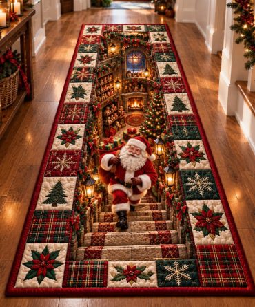 Santa Christmas Stairway Runner — Holiday Stair Carpet With Santa Motif, Non-Slip Durable Runner For Steps, Machine Washable Seasonal Rug