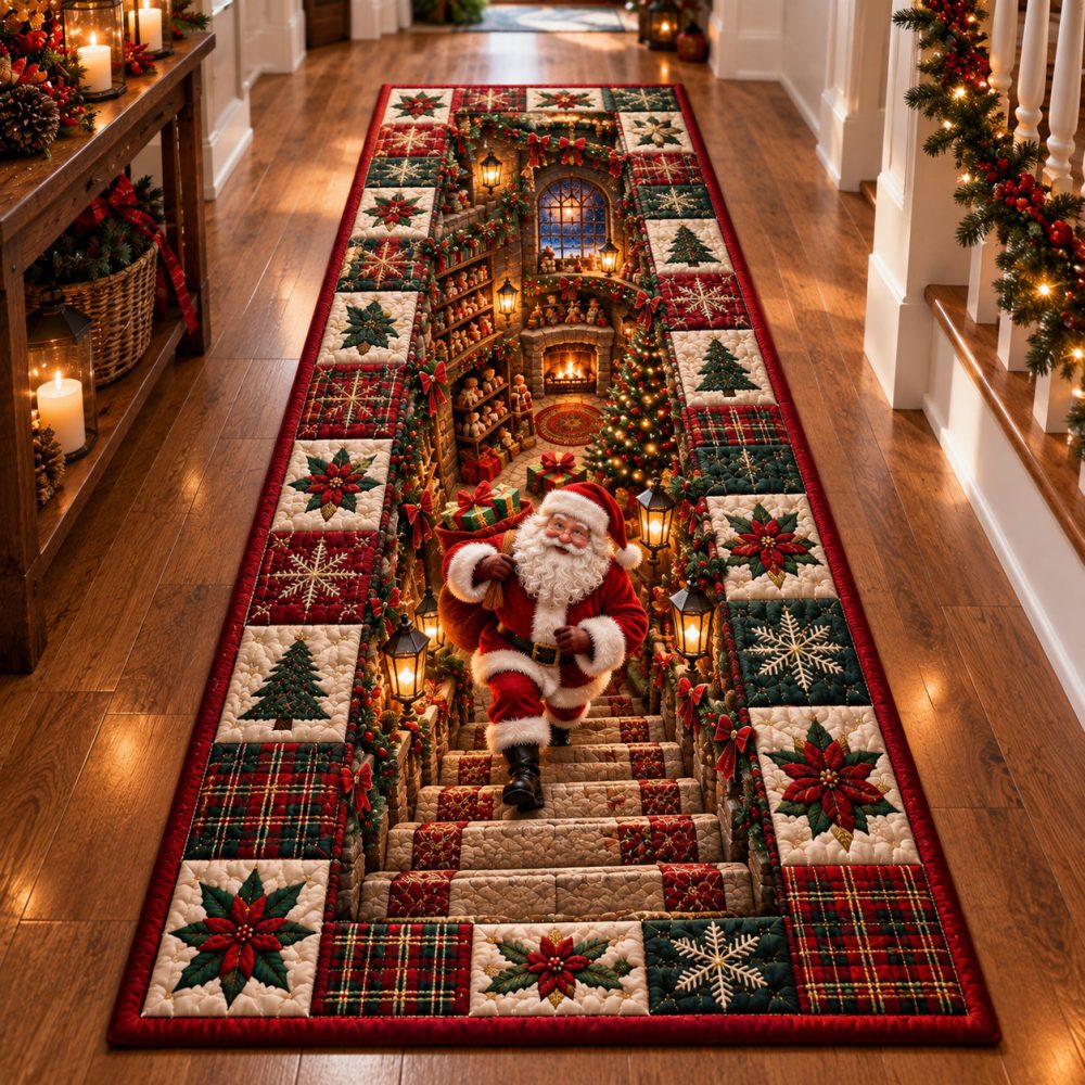 Santa Christmas Stairway Runner — Holiday Stair Carpet With Santa Motif, Non-Slip Durable Runner For Steps, Machine Washable Seasonal Rug