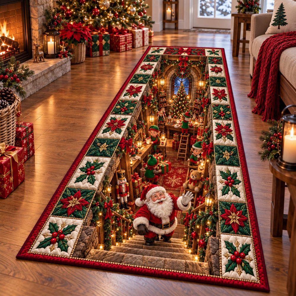 Santa Village Journey Runner — Christmas-Themed Hallway Rug, Festive Non-Slip Runner Carpet With Holiday Santa & Village Motif, Durable