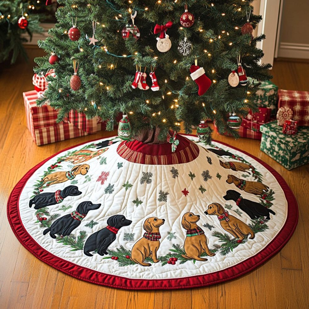 Sassy Sausage Stroll Tree Skirt – Playful Dachshund Christmas Tree Skirt, Handmade Custom Pet Holiday Decor, Made-To-Order