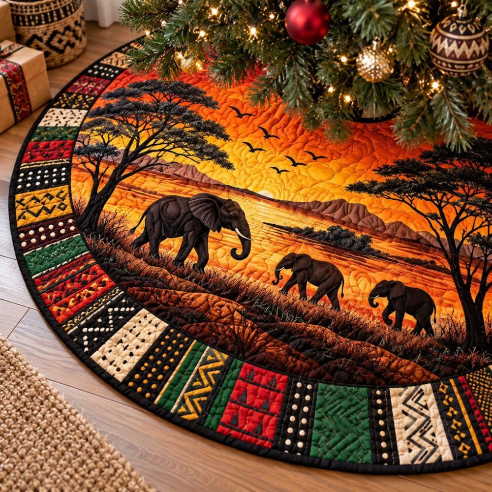 Savannah Sunset Made-To-Order Christmas Tree Skirt — Custom Warm-Toned Holiday Base With African-Inspired Motifs