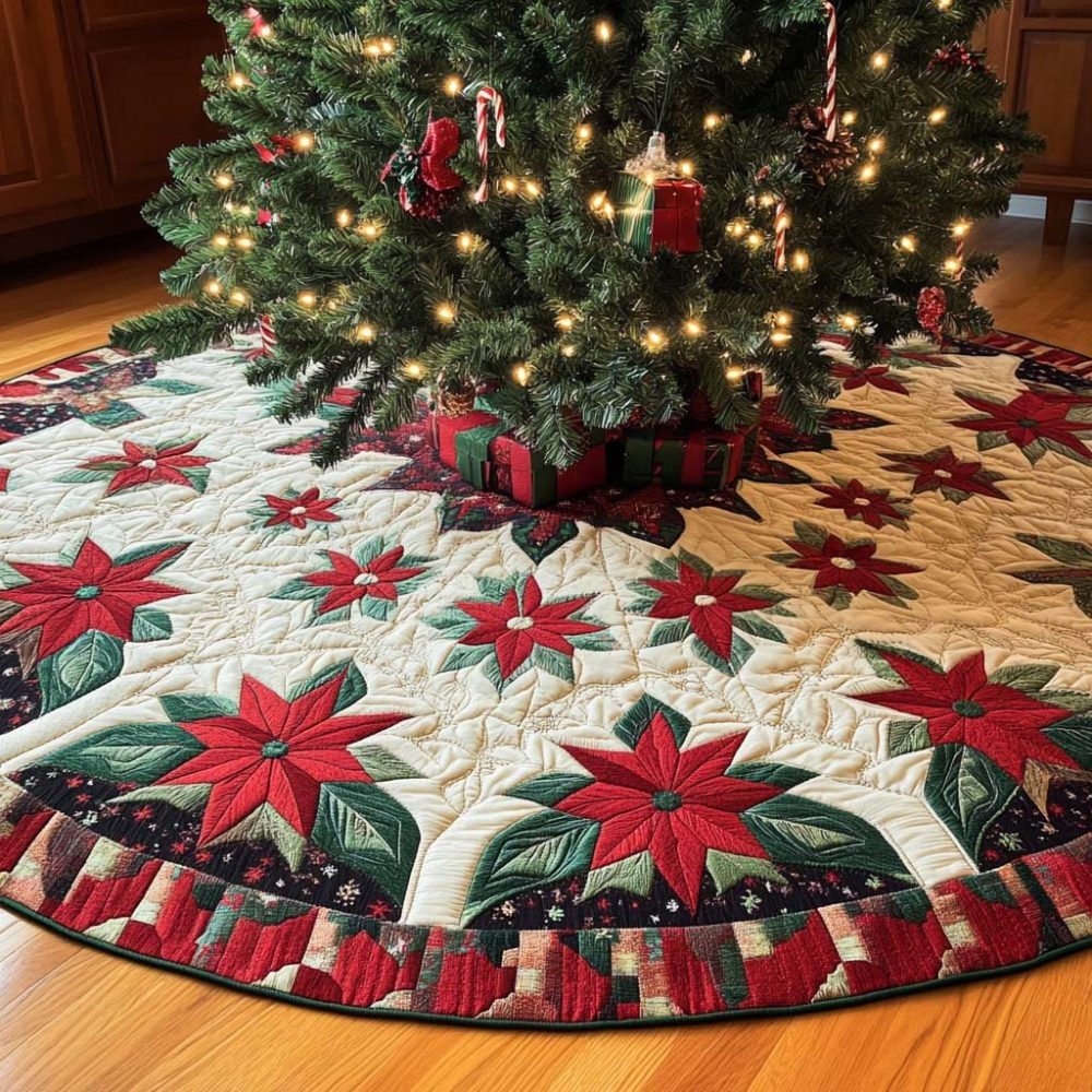 Scarlet Bloom Christmas Tree Skirt – Handmade Red Floral Holiday Skirt, Custom Christmas Decor, Personalize Size & Trim
