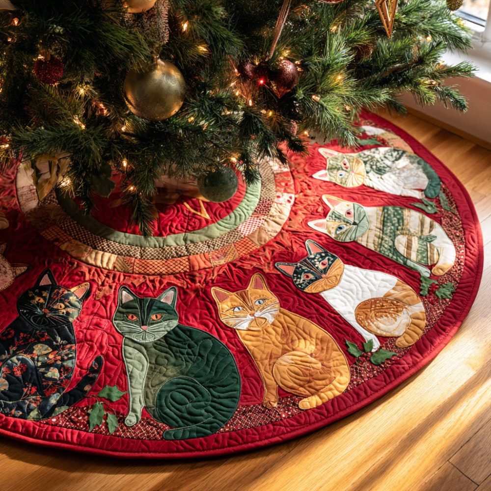 Scarlet Cat Christmas Tree Skirt – Handmade Red Cat Holiday Skirt, Personalized Pet Lover Christmas Decor, Custom Sizes