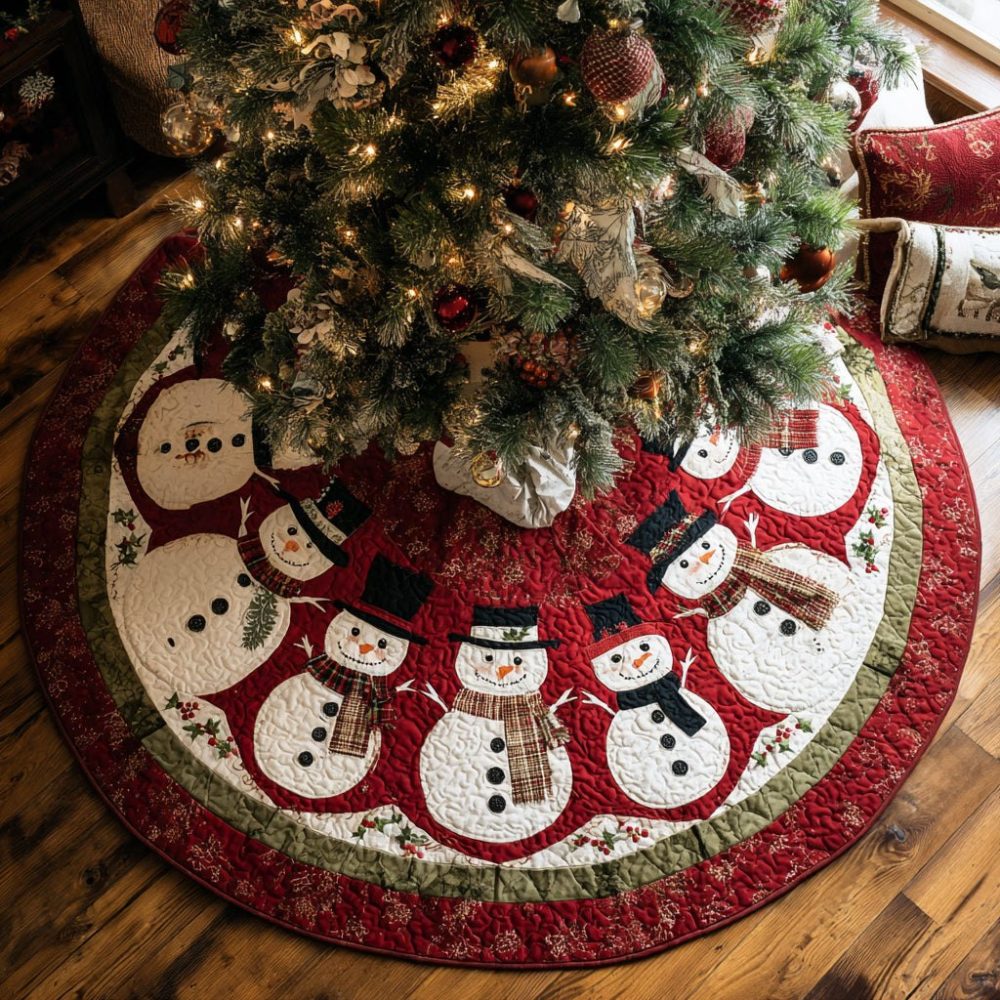Scarlet Snowman Christmas Tree Skirt – Handmade Red Snowman Holiday Skirt, Custom Festive Home Decor, Made-To-Order