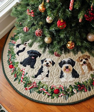 Schnauzers Candy Cane Wreath Tree Skirt - Handmade Festive Dog Christmas Skirt, Custom Sizes & Durable Finish