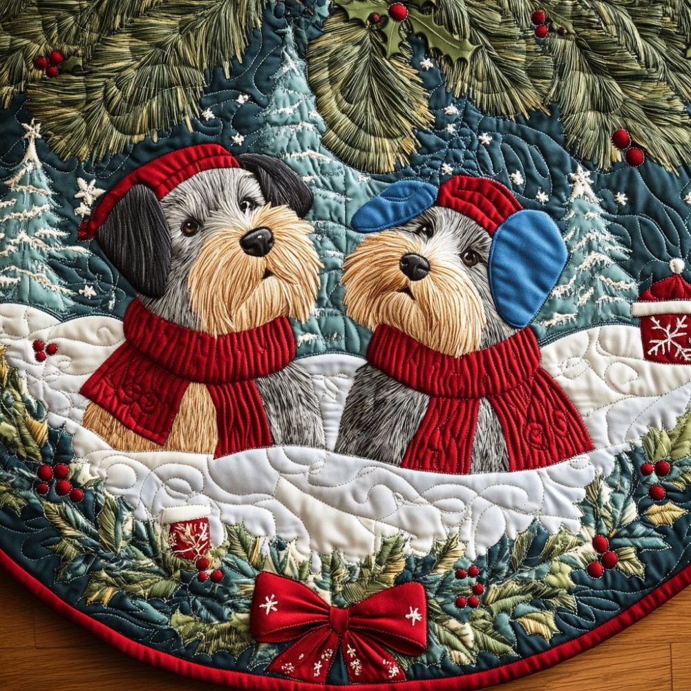 Scottie And The Holly Festive Tree Skirt - Handmade Dog Christmas Tree Skirt With Holly Accents, Custom Fit