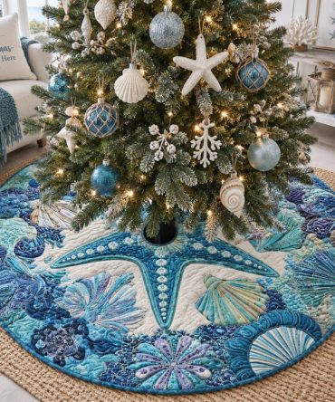 Seashell Symphony Quilted Christmas Tree Skirt — Made To Order Coastal Holiday Decor, Nautical Quilting, Custom Sizes, Beach-Inspired Gift