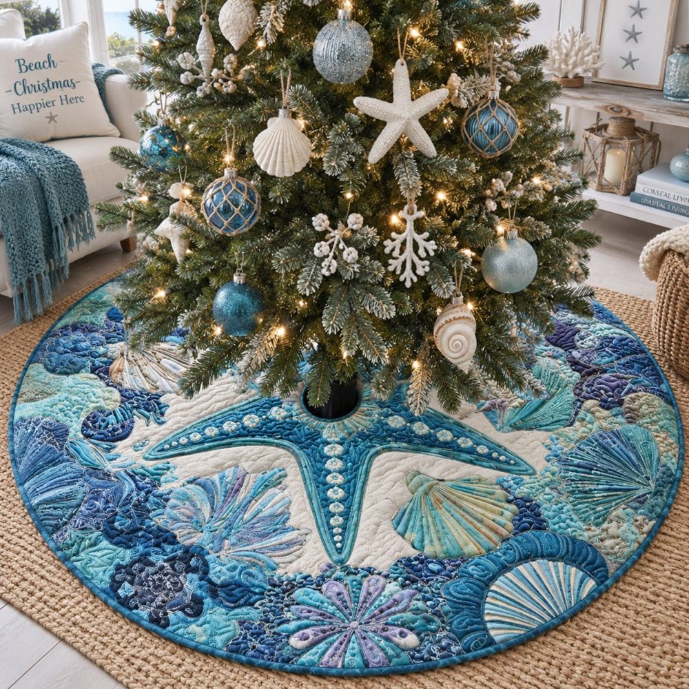 Seashell Symphony Quilted Christmas Tree Skirt — Made To Order Coastal Holiday Decor, Nautical Quilting, Custom Sizes, Beach-Inspired Gift
