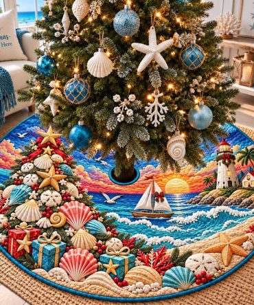 Made-To-Order Seaside Christmas Tree Skirt - Coastal Holiday Tree Base With Nautical Shells & Beach Scene, Custom Festive Decor