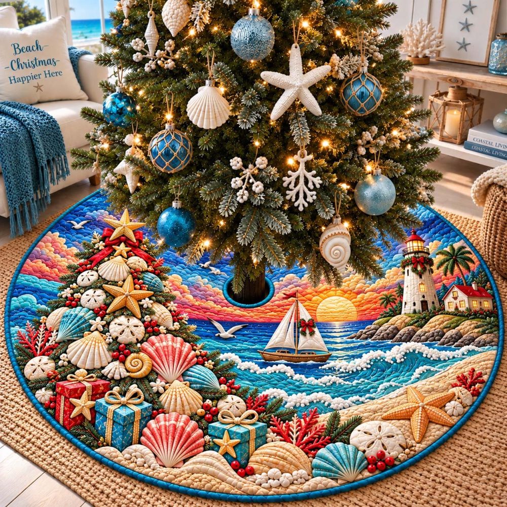 Made-To-Order Seaside Christmas Tree Skirt - Coastal Holiday Tree Base With Nautical Shells & Beach Scene, Custom Festive Decor