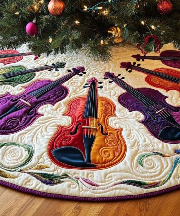 Serenade Strings Music-Themed Holiday Tree Skirt - Handmade Orchestral Christmas Tree Skirt, Custom Sizes