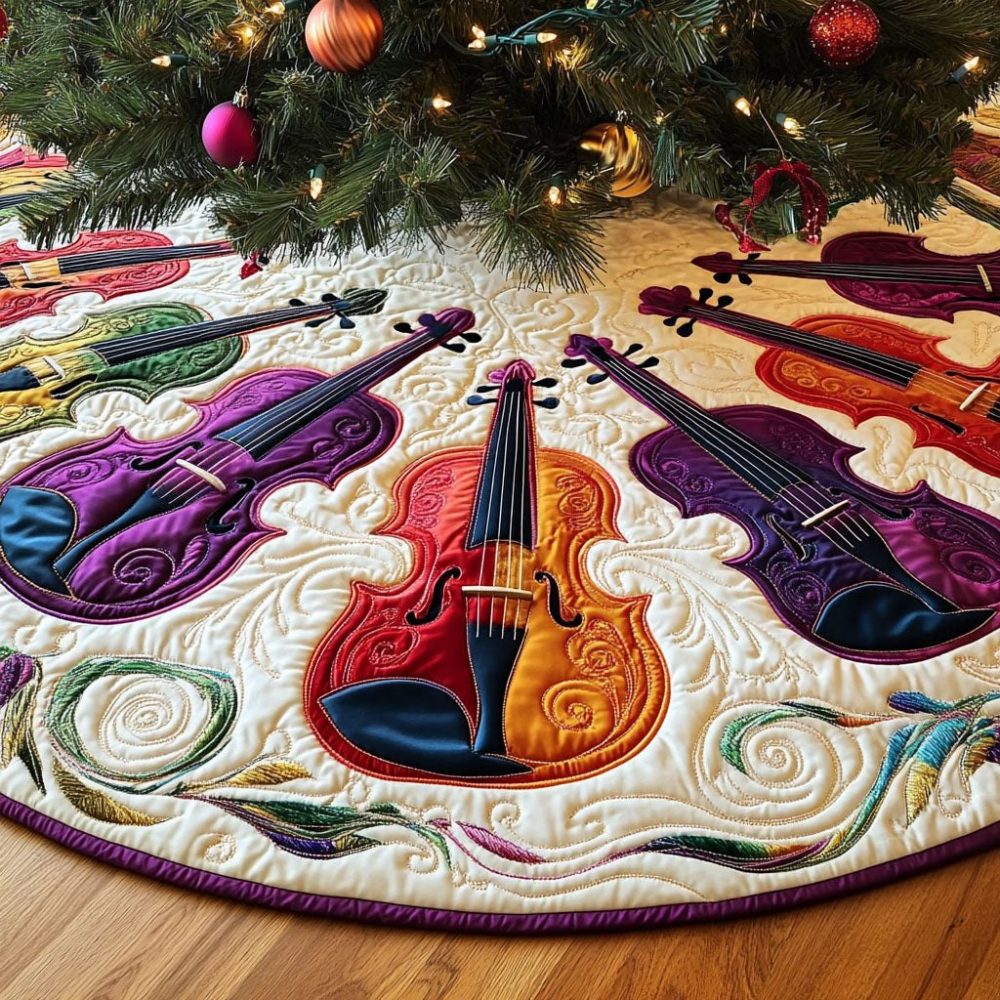 Serenade Strings Music-Themed Holiday Tree Skirt - Handmade Orchestral Christmas Tree Skirt, Custom Sizes