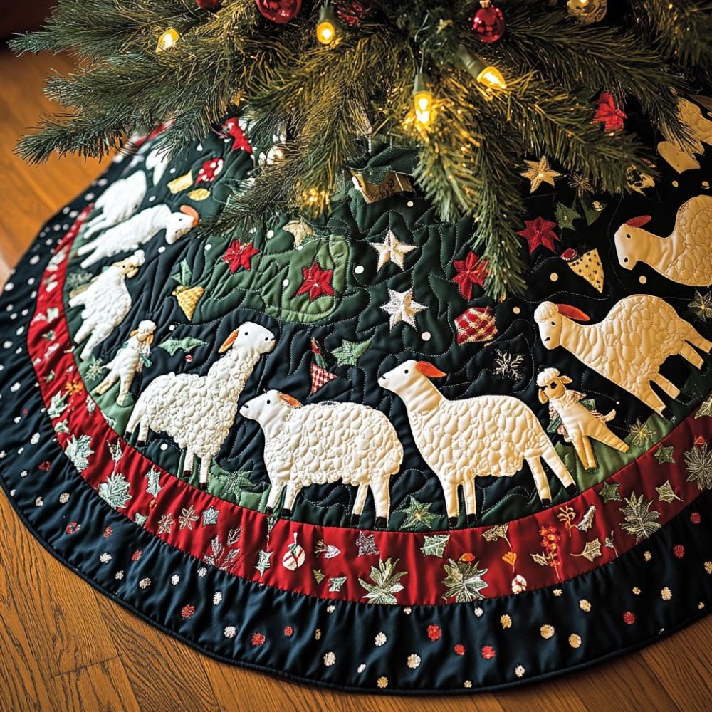 Handmade Serene Sheep Holiday Tree Skirt - Cozy Farmhouse Christmas Tree Skirt, Custom Sizes & Fast Shipping