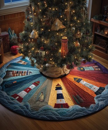 Shades Of Lighthouse Holiday Tree Skirt - Nautical Lighthouse Christmas Skirt, Custom Coastal Decor For Seaside Homes