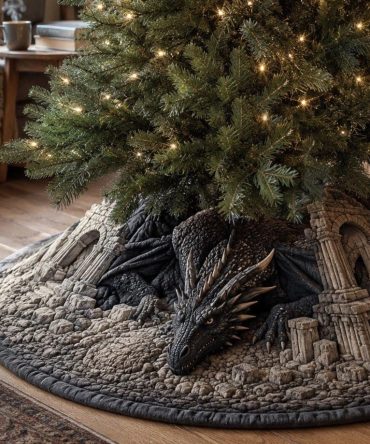 Shadow Ruins Dragon Christmas Tree Skirt - Fantasy Dragon-Themed Holiday Skirt, Custom Artisan Print For Gamers & Fans