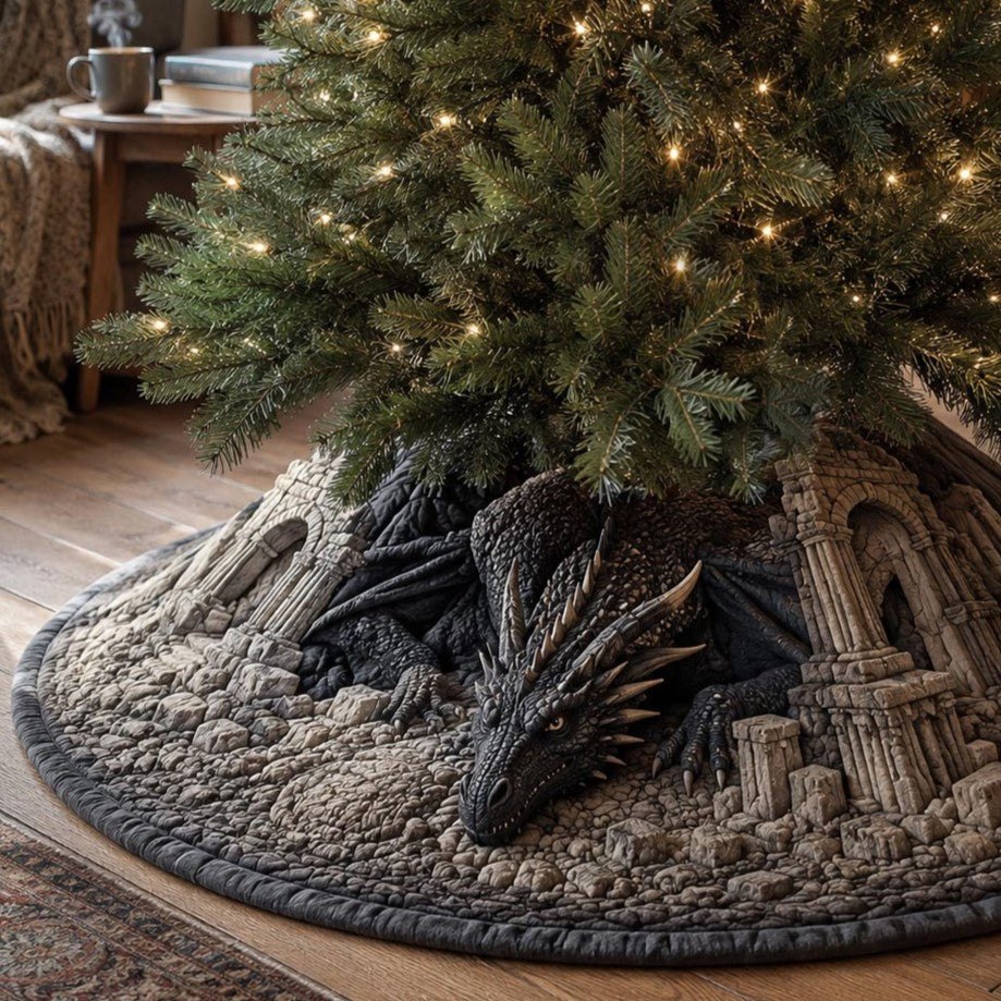 Shadow Ruins Dragon Christmas Tree Skirt - Fantasy Dragon-Themed Holiday Skirt, Custom Artisan Print For Gamers & Fans