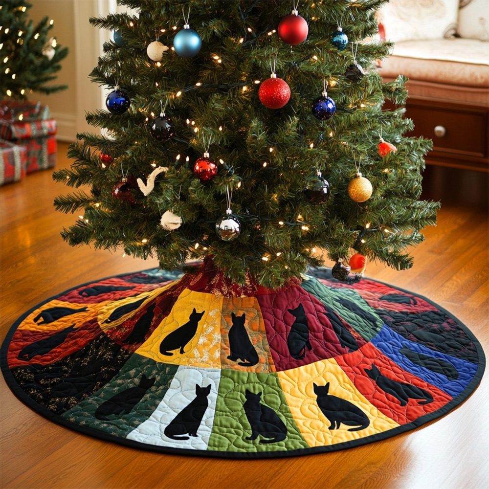 Shadowy Companions Holiday Tree Skirt - Dark Elegance Christmas Skirt With Pet Silhouettes, Customizable Made-To-Order Décor