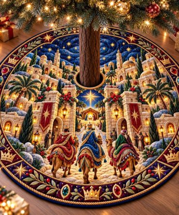 Shepherds Of Bethlehem Handcrafted Tree Skirt — Classic Nativity Shepherds Design, Premium Fabrics, Custom Sizes