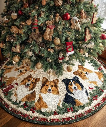 Handcrafted 'Delight' Shetland Sheepdog Holiday Tree Skirt — Custom Made, Plush Festive Décor For Sheltie Fans