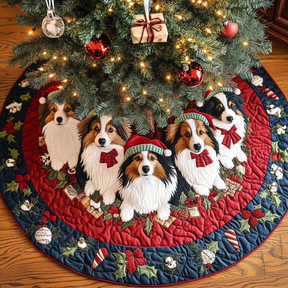 Handmade 'Harmony' Shetland Sheepdog Holiday Tree Skirt — Custom Festive Accent For Sheltie Owners, Made-To-Order
