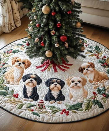 Festive Shih Tzu Cheer Holiday Tree Skirt — Handmade Vibrant Christmas Tree Skirt For Dog Lovers — Free Personalization & Fast Shipping