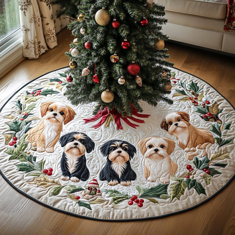 Festive Shih Tzu Cheer Holiday Tree Skirt — Handmade Vibrant Christmas Tree Skirt For Dog Lovers — Free Personalization & Fast Shipping