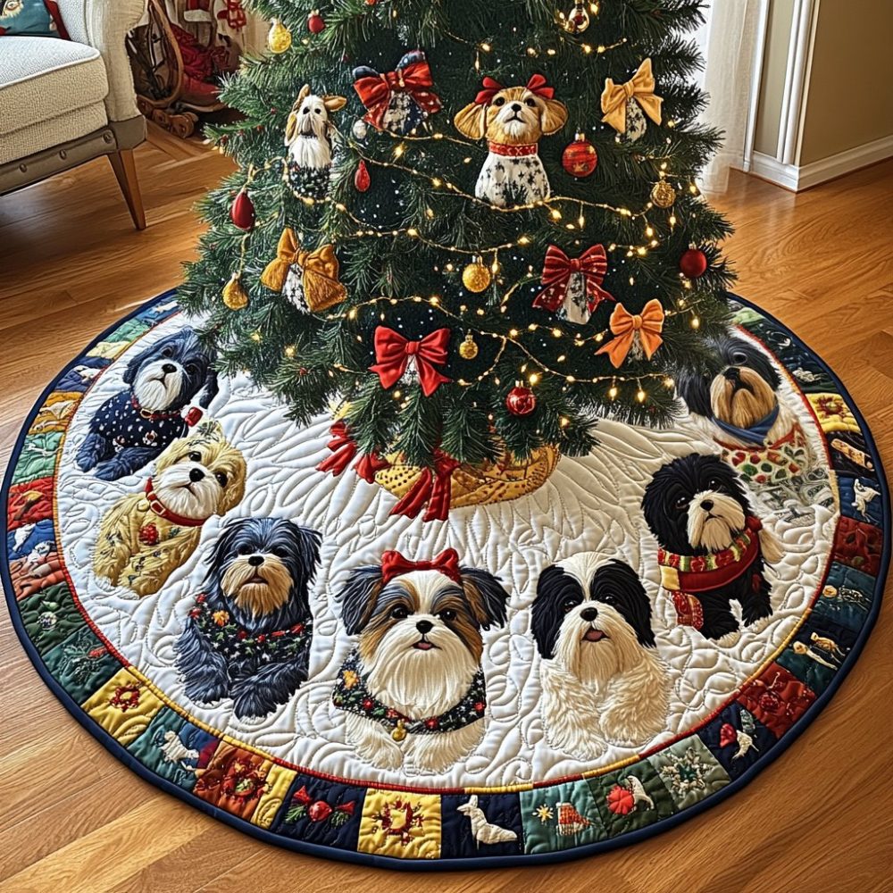 Personalized Shih Tzu Christmas Cuddles Tree Skirt — Handmade Cozy Holiday Tree Skirt For Dog Lovers — Free Personalization & Fast Shipping