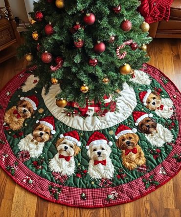 Custom Shih Tzus In Santa Hats Green Tree Skirt — Handmade Festive Christmas Tree Skirt For Dog Lovers — Free Personalization & Fast Shipping